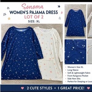 Sonoma Womens XL Pajama Dress‎ Lot Star Long Sleeve Kangaroo Pocket Blue PJs